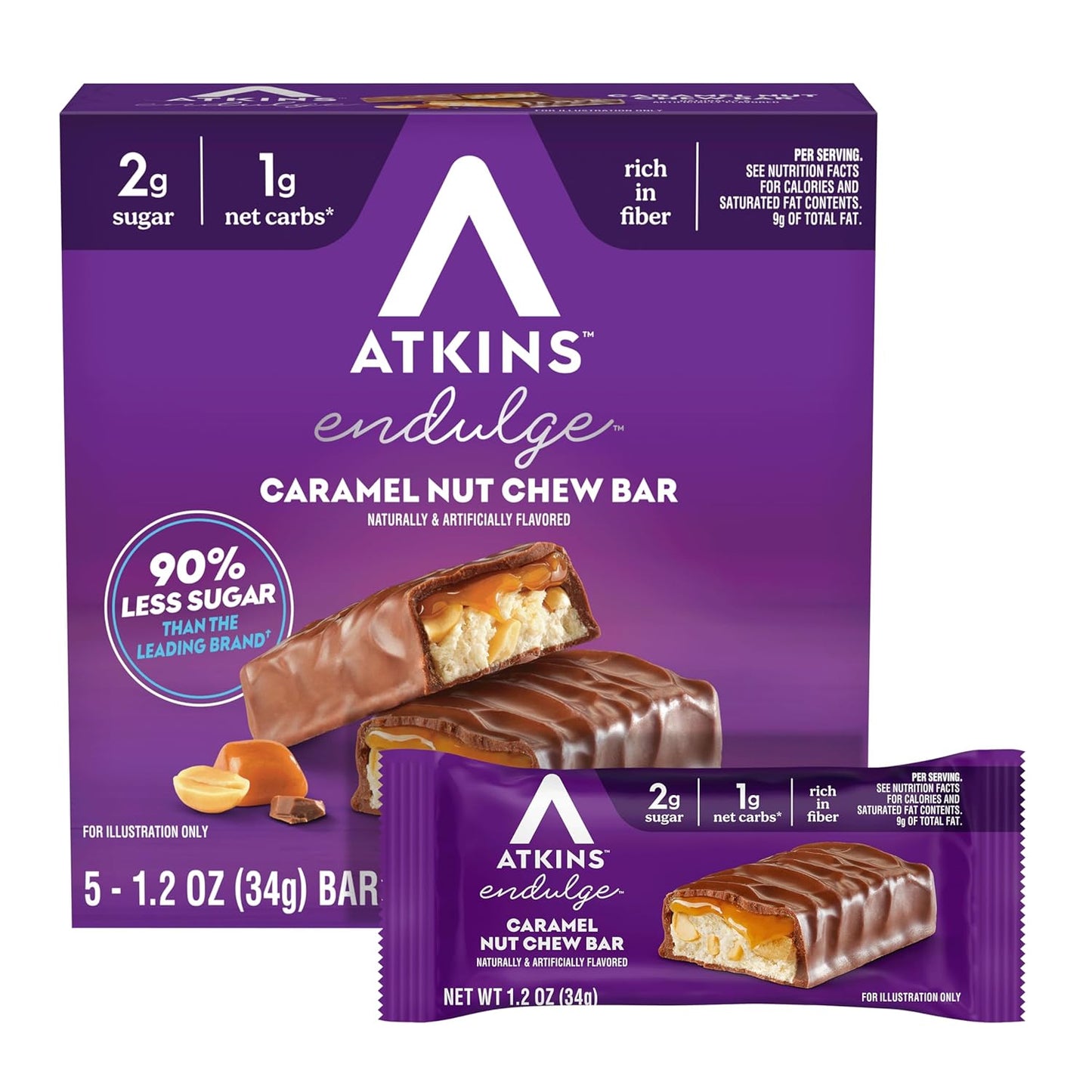 Atkins Endulge Caramel Nut Chew Bar, Dessert Favorite, 1G Sugar, Good Source of Fiber, 5 Count